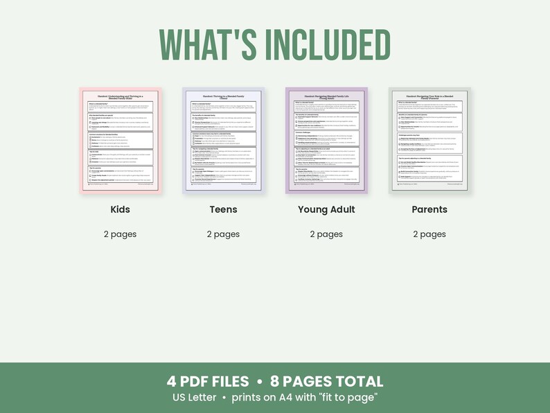 May include: A digital document set titled WHAT'S INCLUDED featuring four printable sheets labeled Kids, Teens, Young Adult, and Parents. Each sheet is 2 pages long, totaling 8 pages in 4 PDF files, with US Letter and A4 printing instructions.
