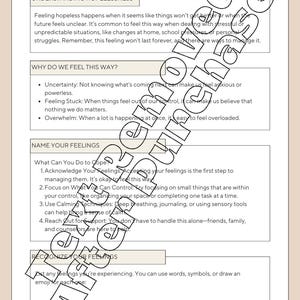 May include: A black and white printable worksheet with the title "Feeling Hopeless in Uncertain Times (Teens)". The worksheet provides information and coping strategies for teens who are feeling hopeless. It includes sections on understanding hopelessness, why we feel this way, naming your feelings, what you can do to cope, and recognizing your feelings.