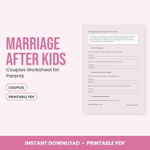 K&ouml;nnte beinhalten: Ein ausdruckbares PDF-Arbeitsblatt f&uuml;r Paare mit dem Titel Marriage After Kids. Das Dokument enth&auml;lt Abschnitte zur Diskussion von Priorit&auml;ten, Ersch&ouml;pfung und Verantwortlichkeiten mit Leerzeilen f&uuml;r Antworten auf einem hellrosa Hintergrund.