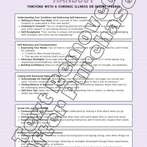 以下が含まれることがあります： 薄紫色のグリッド背景に「Thriving with a Chronic Illness or Injury (Teens)」と題されたハンドアウト。自己認識、自己主張、感情への対処、社会生活、回復力の構築に関するセクションが記載されています。