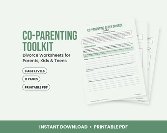 Hojas de trabajo para la crianza compartida en casos de divorcio, actividades para niños en dos hogares, estrategias de afrontamiento para adolescentes, plan de comunicación, terapia (PDF).
