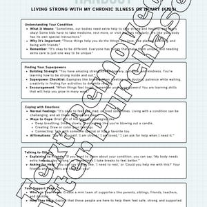 以下が含まれることがあります： 水色のグリッド背景に「Living Strong With My Chronic Illness Or Injury (Kids)」と題された印刷物。この文書には、病気の理解、スーパーパワー、感情への対処、他人との対話に関するセクションが含まれています。