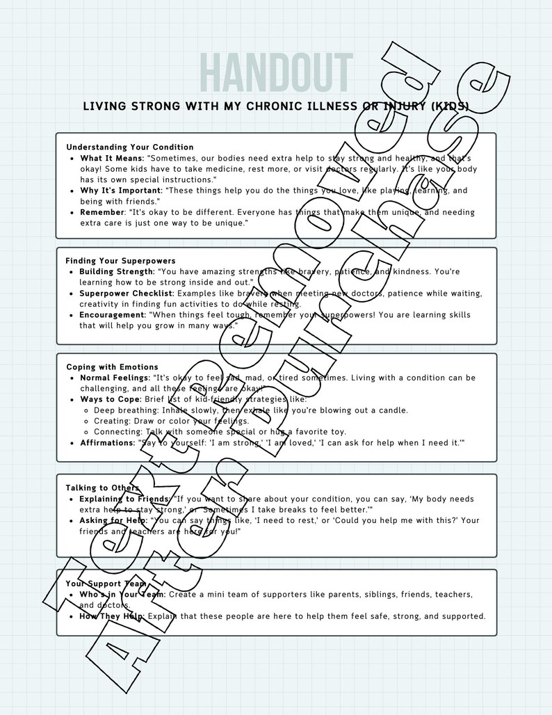 以下が含まれることがあります： 水色のグリッド背景に「Living Strong With My Chronic Illness Or Injury (Kids)」と題された印刷物。この文書には、病気の理解、スーパーパワー、感情への対処、他人との対話に関するセクションが含まれています。
