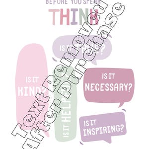 May include: A motivational poster with the text "Before you speak, think" and four speech bubbles with the questions "Is it kind?", "Is it helpful?", "Is it true?", and "Is it necessary?"