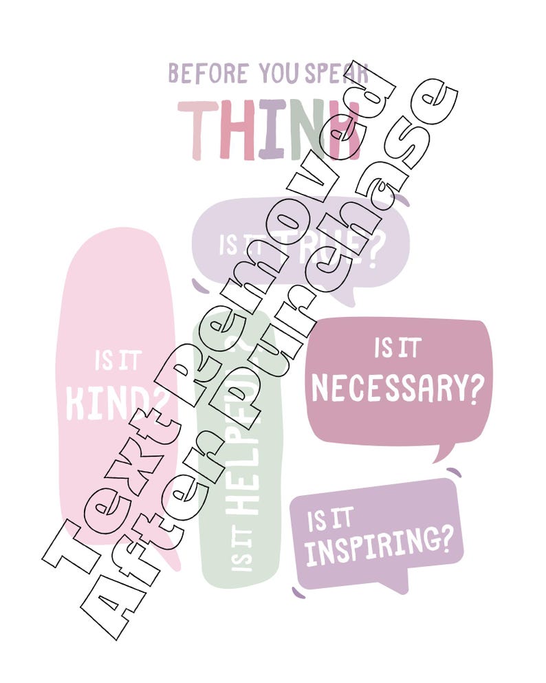 May include: A motivational poster with the text "Before you speak, think" and four speech bubbles with the questions "Is it kind?", "Is it helpful?", "Is it true?", and "Is it necessary?"