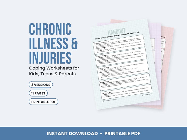 以下が含まれることがあります： 子供、ティーン、保護者向けの「Chronic Illness & Injuries」と題された印刷可能なワークシートセット。このドキュメントには3つのバージョンで計11ページが含まれており、慢性疾患や怪我を抱えながら強く生きるためのハンドアウトが掲載されています。