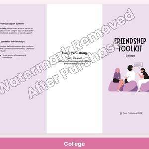 May include: A light purple tri-fold brochure titled Friendship Toolkit College. It features illustrations of three people sitting on purple cushions, text about finding support systems, confidence in friendships, and contact information for Paris Publishing.