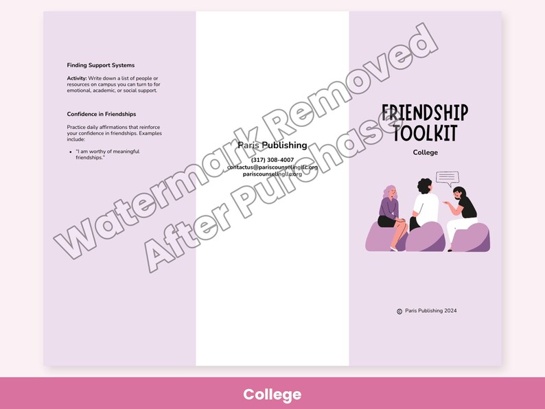 May include: A light purple tri-fold brochure titled Friendship Toolkit College. It features illustrations of three people sitting on purple cushions, text about finding support systems, confidence in friendships, and contact information for Paris Publishing.