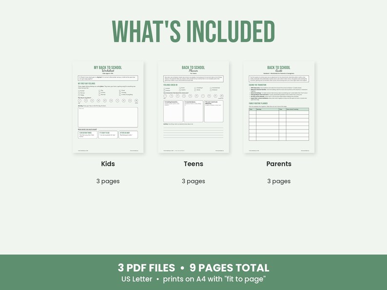 May include: Three printable document sets titled What's Included, featuring Back to School worksheets for Kids, Teens, and Parents. Each section contains three pages of organized forms, checklists, and planning grids in a clean, white layout.