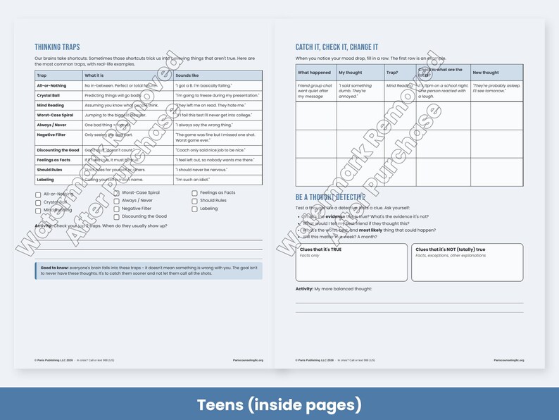 CBT Worksheets for Adults and Teens, Thought Record, Thinking Traps, Cognitive Distortions, Therapy Handouts image 5