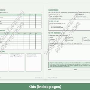 May include: A two-page printable planner for children featuring sections for morning and evening routines, goal setting, making friends, and getting organized. The layout includes checklists, blank boxes for writing, and green headers.