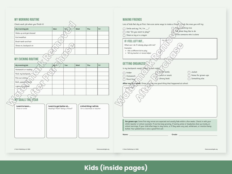 May include: A two-page printable planner for children featuring sections for morning and evening routines, goal setting, making friends, and getting organized. The layout includes checklists, blank boxes for writing, and green headers.