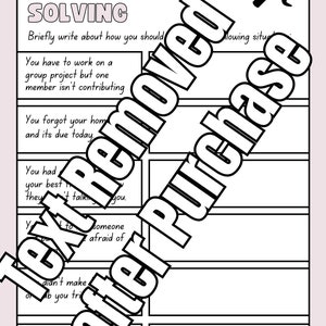 May include: A black and white problem solving worksheet from PARISCOUNSELINGLLC.ORG featuring a wrench and screwdriver icon. The document contains a list of social scenarios with blank rectangular spaces for written responses.