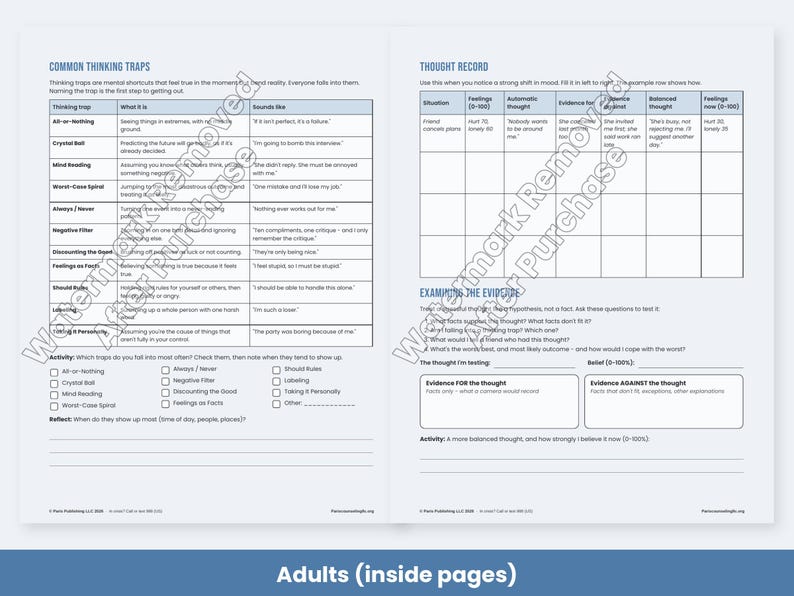 CBT Worksheets for Adults and Teens, Thought Record, Thinking Traps, Cognitive Distortions, Therapy Handouts image 3