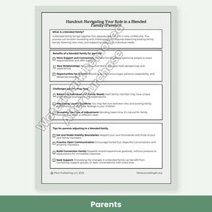 May include: A white informational handout titled Navigating Your Role in a Blended Family (Parents) with black text. It includes sections on benefits, challenges, and tips for parents, featuring checkboxes and the copyright Paris Publishing LLC 2024.