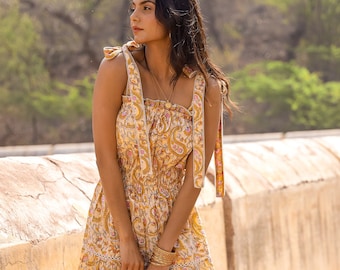 Bohemian Prairie Peasant Dress, Block Print Boho Summer Dress, Cotton Sundress, Cottagecore Dress, The Ruthie Midi