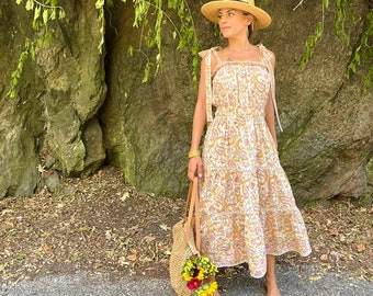 Bohemian Prairie Dress, Yellow Boho Summer Sundress, Block Print Cotton Midi Cottagecore Dress, Peasant Dress, The Ruthie Midi