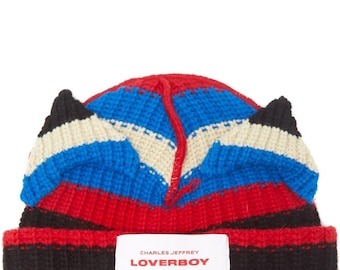 New Charles Jeffrey Loverboy Lover Boy Striped Blue Cream White Black Red Chunky Rabbit Ears Beanie Hat