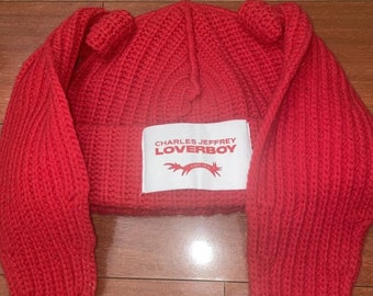 New Charles Jeffrey Loverboy Lover Boy Red Chunky Rabbit Ears Beanie Hat