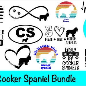 Könnte beinhalten: Ein digitales Download-Paket mit 13 Schwarzweiß-Designs mit Cocker Spaniel Hunden. Die Designs beinhalten ein Herz mit einem Hund darin, einen Hund mit einem Berg und Mond, einen Hund mit einem Unendlichkeitszeichen, einen Hund mit einem Friedenszeichen und Herz, einen Hund mit einem Retro-Sonnenuntergang, einen Hund mit einer amerikanischen Flagge, einen Hund mit einem Herz und dem Text "Cocker Spaniel", einen Hund mit dem Text "Das Leben ist besser mit einem Cocker Spaniel", einen Hund mit dem Text "Leicht abgelenkt von Cocker Spaniels", einen Hund mit dem Text "Zuhause ist, wo dein Cocker Spaniel ist", und einen Hund mit dem Text "Cocker Spaniel Mama" und "Cocker Spaniel Papa".