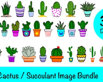 May include: A collection of 30 illustrated cactus and succulent designs in various pots. The image includes a variety of green cacti and succulents, with pots in colors like pink, orange, and blue. Text reads "Cactus / Succulent Image Bundle".