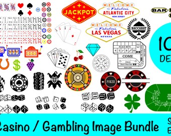 May include: A collection of 100+ casino and gambling themed designs. The designs include playing cards, dice, chips, slot machines, roulette wheels, poker chips, and more. The designs are in black and white and color.