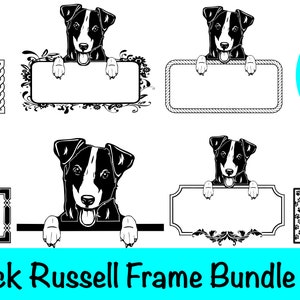 May include: A set of 7 black and white Jack Russell Terrier dog frame SVG cut files. The dog is peeking over the top of each frame. The frames have different designs, including a rope border, a floral border, a paw print border, and a simple border.