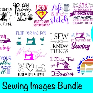 May include: A collection of 20 colorful sewing-themed designs featuring various phrases and images, including sewing machines, bobbins, needles, and thread. The designs are perfect for crafting projects, such as t-shirts, mugs, tote bags, and more.