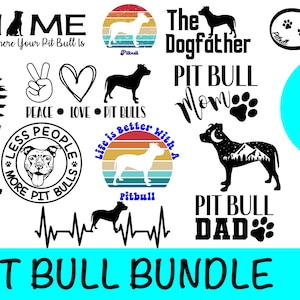Pode incluir: Um pacote de download digital de 15 designs em preto e branco com silhuetas de pitbull e texto. Os designs incluem frases como "Mãe Pitbull", "Pai Pitbull", "A vida é melhor com um Pitbull" e "Facilmente distraído por Pitbulls".