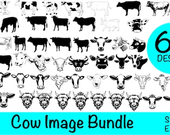 May include: A set of 60 black and white cow illustrations. The illustrations include full body cows, cow heads, and cow footprints. The illustrations are perfect for crafting projects, scrapbooking, and digital design.