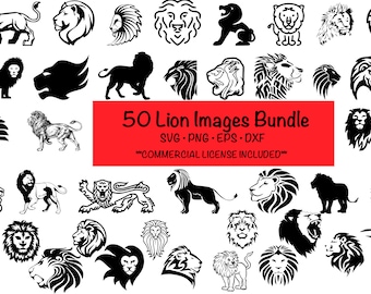 May include: A set of 50 black and white lion images in various poses and styles. The images are perfect for crafting, scrapbooking, and other creative projects. The text "50 Lion Images Bundle" is displayed in red at the top of the image. The text "SVG - PNG - EPS - DXF" is displayed below the title. The text "COMMERCIAL LICENSE INCLUDED" is displayed below the file types.