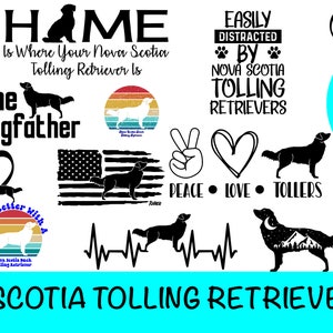 Może przedstawiać: Zestaw 15 czarno-białych projektów cyfrowych przedstawiających psa rasy Nova Scotia Duck Tolling Retriever. Projekty zawierają tekst, taki jak "Toller Dad", "Toller Mom", "The Dogfather", "Home is Where Your Nova Scotia Tolling Retriever Is", "Easily Distracted by Nova Scotia Tolling Retrievers", "Peace Love Tollers", "Life is Better With a Nova Scotia Tolling Retriever", "Less People More Tollers" i "NSDTR".