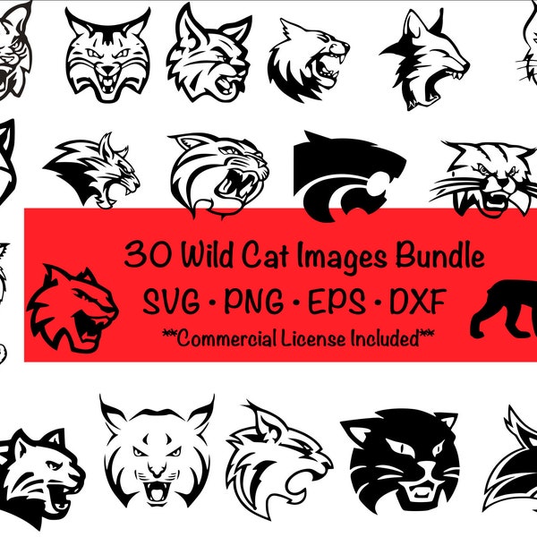 Paquete SVG Wildcat / Clipart de gato salvaje/ Archivo de corte/ Cricut/ Vector/ Dxf/ Png/ Eps / Lynx/ Cougar / Bobcat