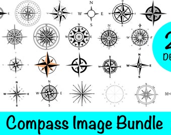May include: A set of 25 compass designs in black and white, with some designs featuring a blue or orange center. The designs are in various styles, including traditional, modern, and minimalist. The text "25 DESIGNS" is in a white circle on a turquoise background.