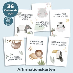 PDF 36 Affirmatiekaarten voor kinderen | Aanmoedigingskaarten om uit te printen | Kaartformaat DIN A6 | Affirmatiekaarten met dieren BOHO | Downloaden