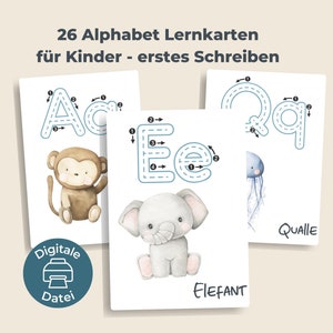 Tarjetas de aprendizaje del alfabeto en PDF con la primera escritura "Animales" para imprimir | Tarjetas de letras Montessori para guardería y preescolar | aprender letras