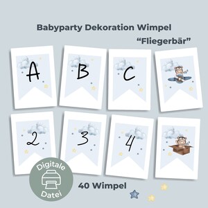 Babyparty Wimpel PDF | Fliegerbär | Babyshower Dekoration Wimpelkette zum downloaden | digitaler Download | 40 Wimpel