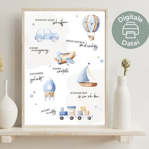 子供向けの PDF ポスター アファメーション |男の子の車と飛行機 |ポジティブな信念 |子供部屋用アファメーションポスター