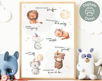 PDF poster affirmations for children | Boho Animals | positive beliefs | Affirmation poster for the children's room