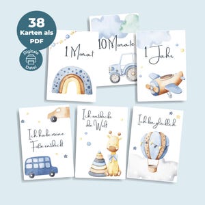 38 carte cardine PDF per "Il primo anno del bambino" | Auto Aereo Ragazzo in Blu | Carte importanti per bambini da scaricare