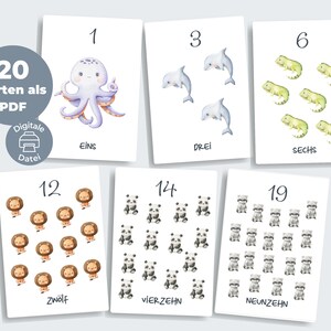 Cartões numéricos em PDF de 1 a 20 | Números de aprendizagem pré-escolar para crianças Animais | Cartões de aprendizagem Montessori para download