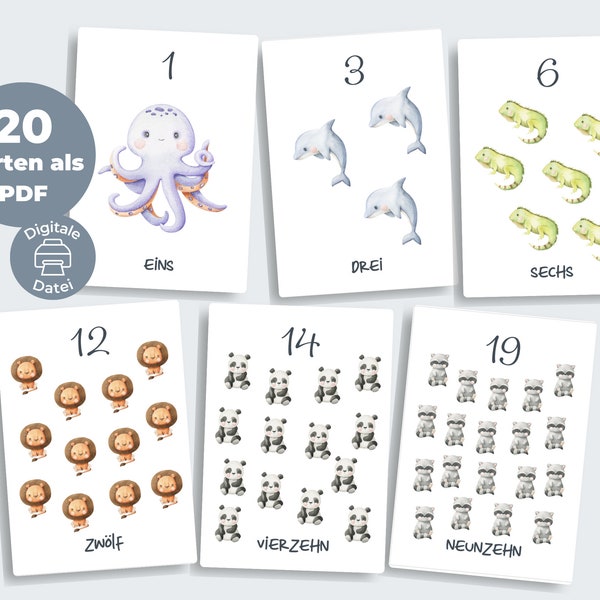 PDF Numbers Cards 1-20 | Preschool learning numbers for kids animals | Montessori flashcards to download