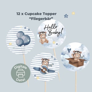 Babyparty Cupcake Topper PDF | Fliegerbär | Babyshower Dekoration zum downloaden | digitaler Download | 12 Designs - Caketopper