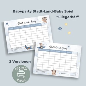 Babyparty "Stadt-Land-Fluss" Spiel PDF | Fliegerbär | Spiele für Babyparty zum downloaden | Babyshower Dekoration | digitaler Download