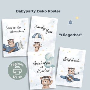 Babyparty Dekoration Poster PDF | Fliegerbär | Deko zum downloaden | digitaler Download | Candybar, Buffet, Geschenketisch, Gästebuch