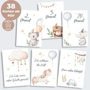 38 cartes jalons PDF pour « La première année de bébé » | BOHO Animaux Garçon & Fille | Cartes d'étapes pour bébé à télécharger