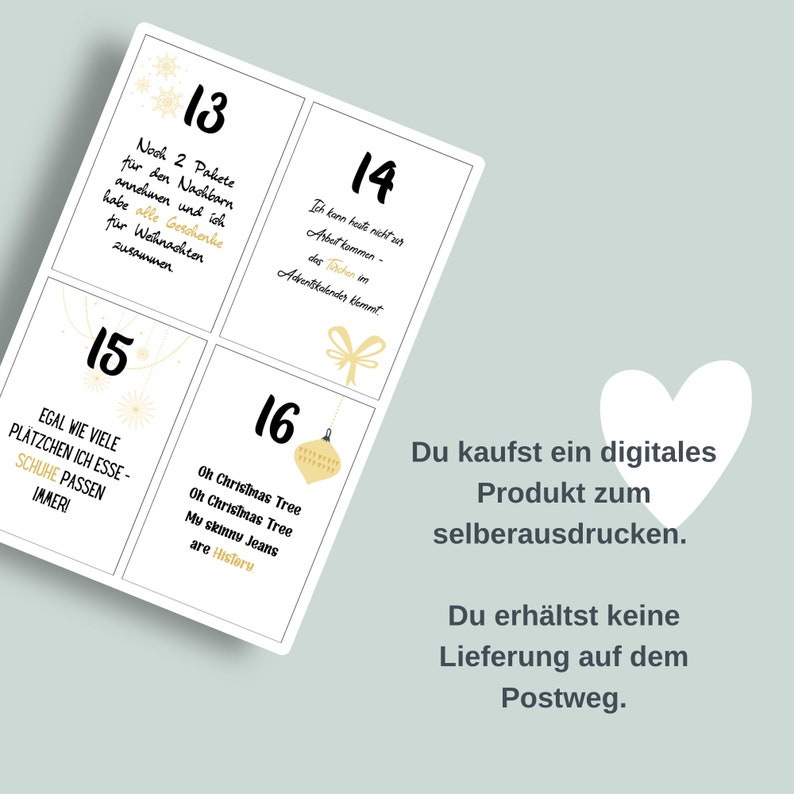 PDF Adventskalender Weihnachtssprüche zum Ausdrucken DIY Kalender Adventskarten selber machen und basteln Digitaler Download Bild 6