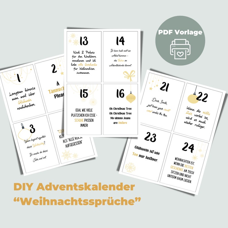 PDF Adventskalender Weihnachtssprüche zum Ausdrucken DIY Kalender Adventskarten selber machen und basteln Digitaler Download Bild 1