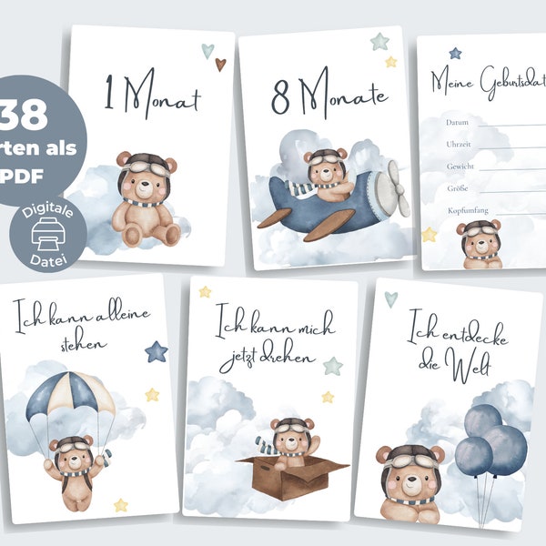 38 Meilensteinkarten PDF für "Babys erstes Jahr" | Bär Flugzeug Junge | Meilenstein Karten Baby zum downloaden