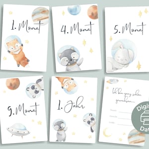 14 cartes jalons PDF pour "La première année de bébé" | Animaux astronautes | Cartes Milestone Bébé à télécharger